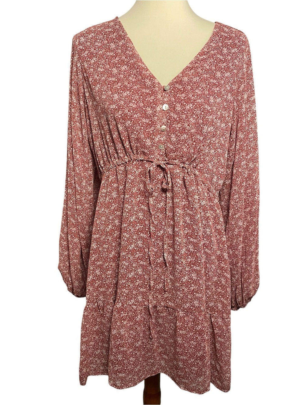 V-Neck Drawstring Waist Long-Sleeve Mini Dress — Rose - Picture 2 of 8